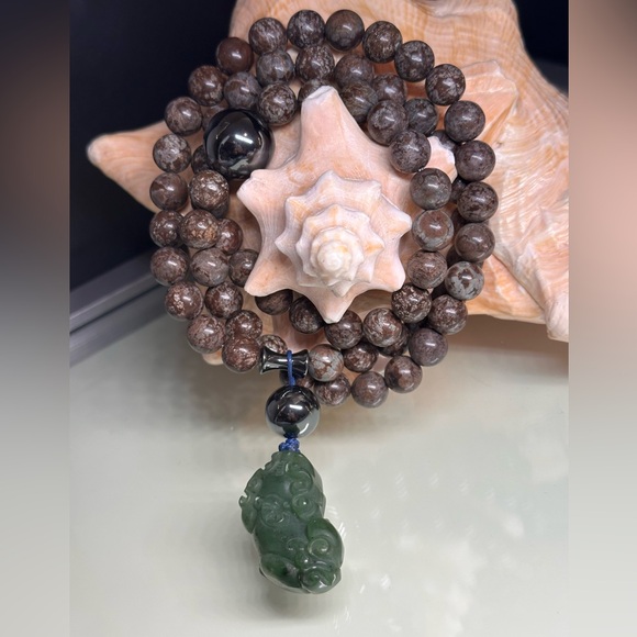 BROWN SNOWFLAKES OBSIDIAN + HEMATITE + PIXIU NATURAL NECKLACE - Picture 4 of 16